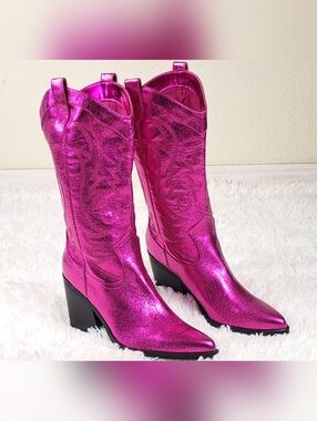 Nine West Metallic Pink Western Boots Keeks Size 10 NWOT Statement Cowboy Boots